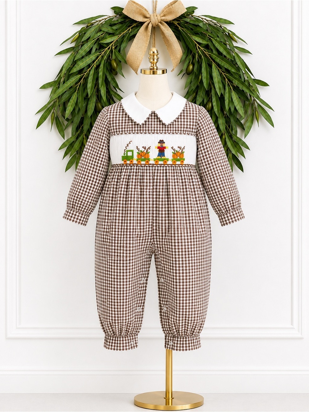 Zuccini Brown White Gingham Smocked Fall Scarecrow One Piece Romper 6 Months